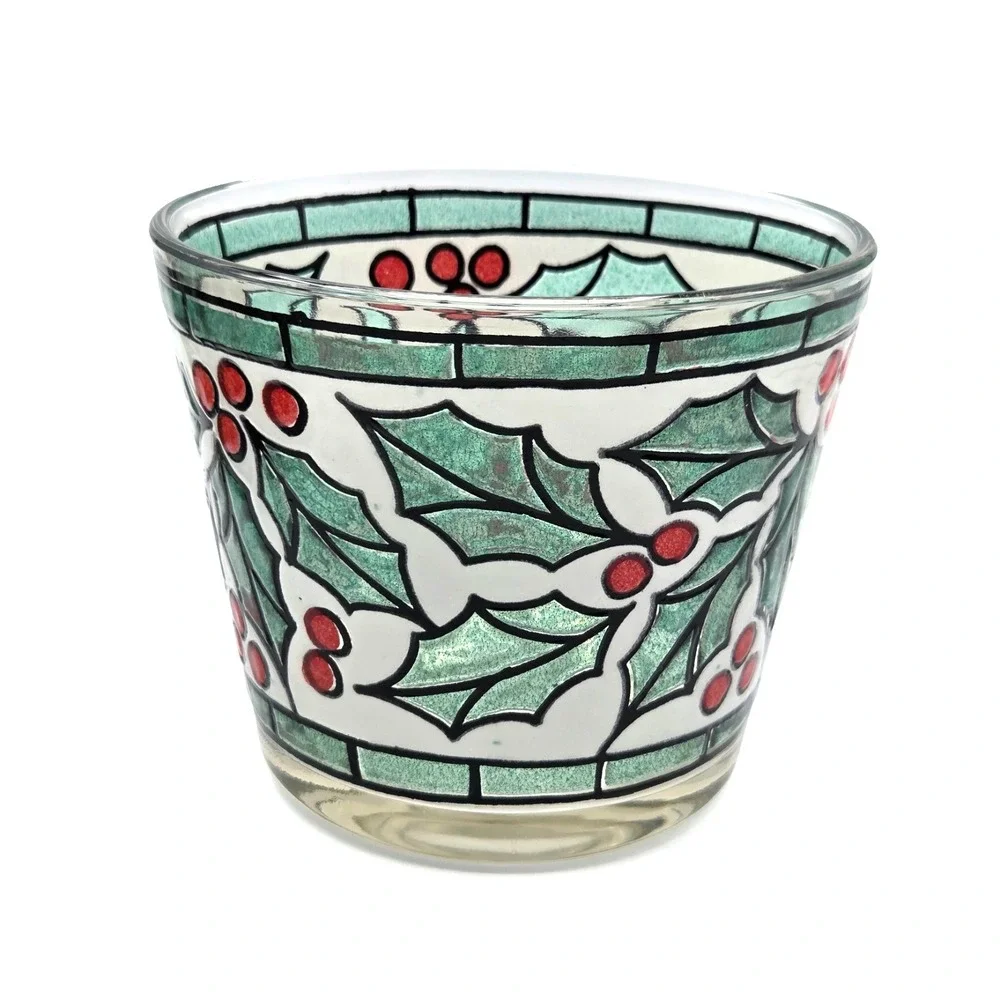 West Virginia Snowy Holly Berry Stained Glass Ice Bucket Snack Bowl Hard To Find